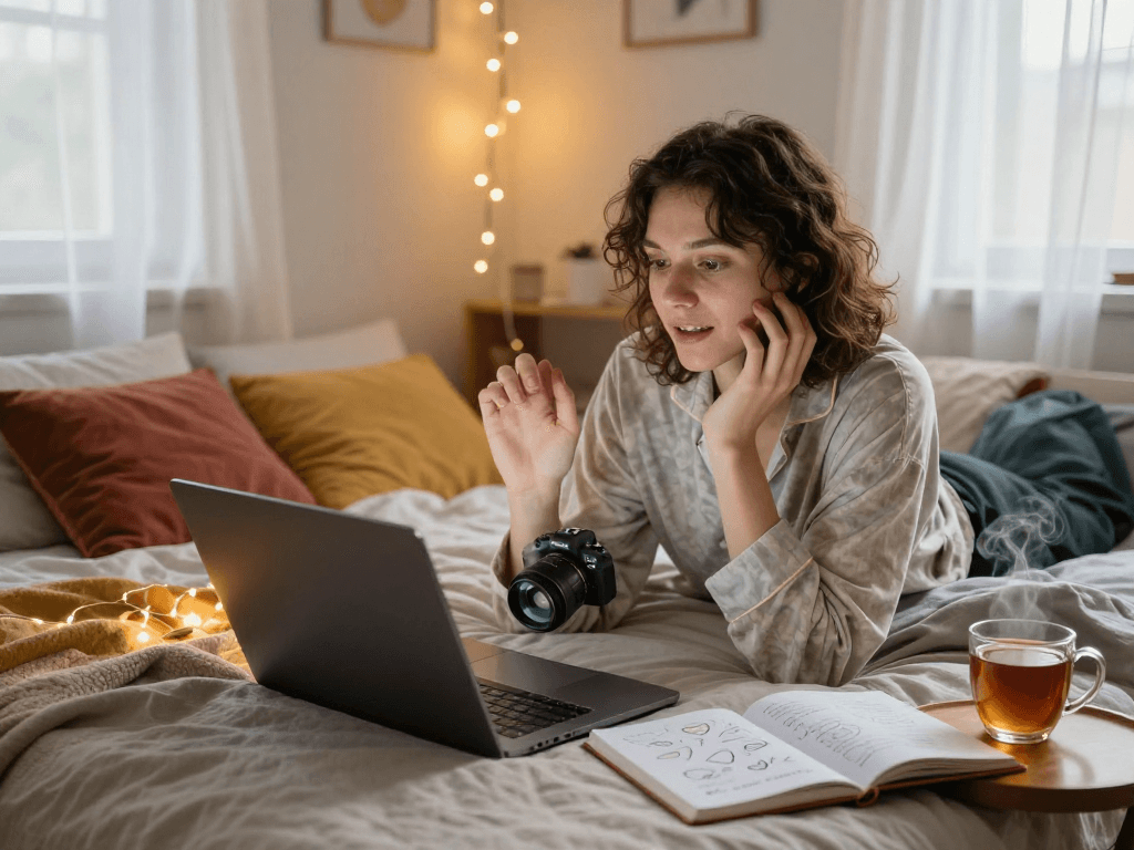 Engaging intimate scene of a person on a sexchat video call, cozy atmosphere with soft lighting and warm decor.