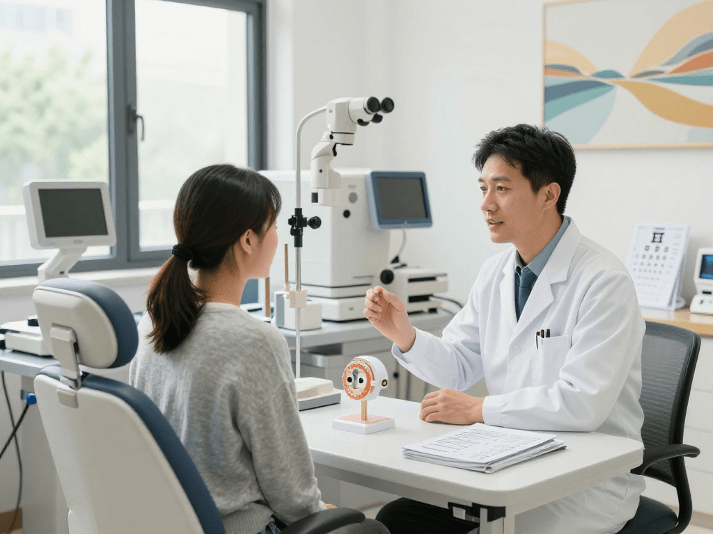 Consultation scene at an eye clinic focusing on dry eye and corneal disease treatment with patient and doctor.