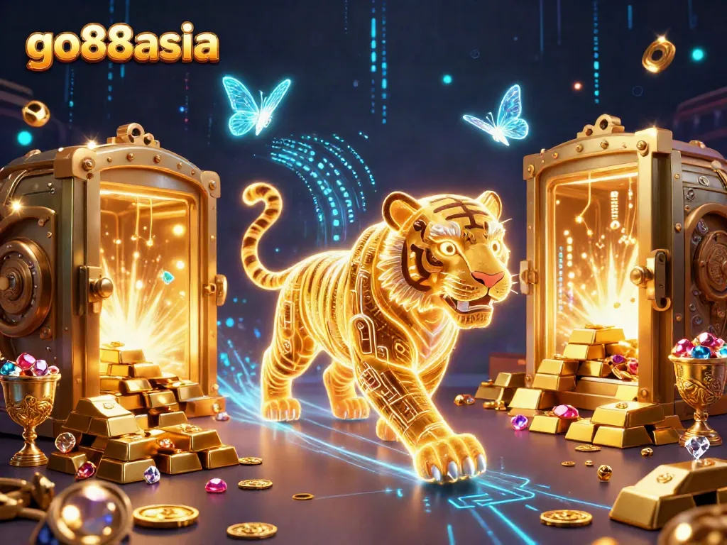 Experience thrilling gaming with go88asia in a vibrant casino scene filled with treasures and neon energy.