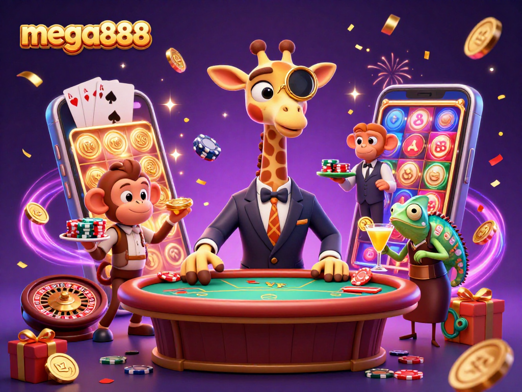 mega888 mempamerkan giraffe peminat kasino dengan kera pembantu dan chameleon bartender yang menghidangkan koktail dalam suasana penuh warna.