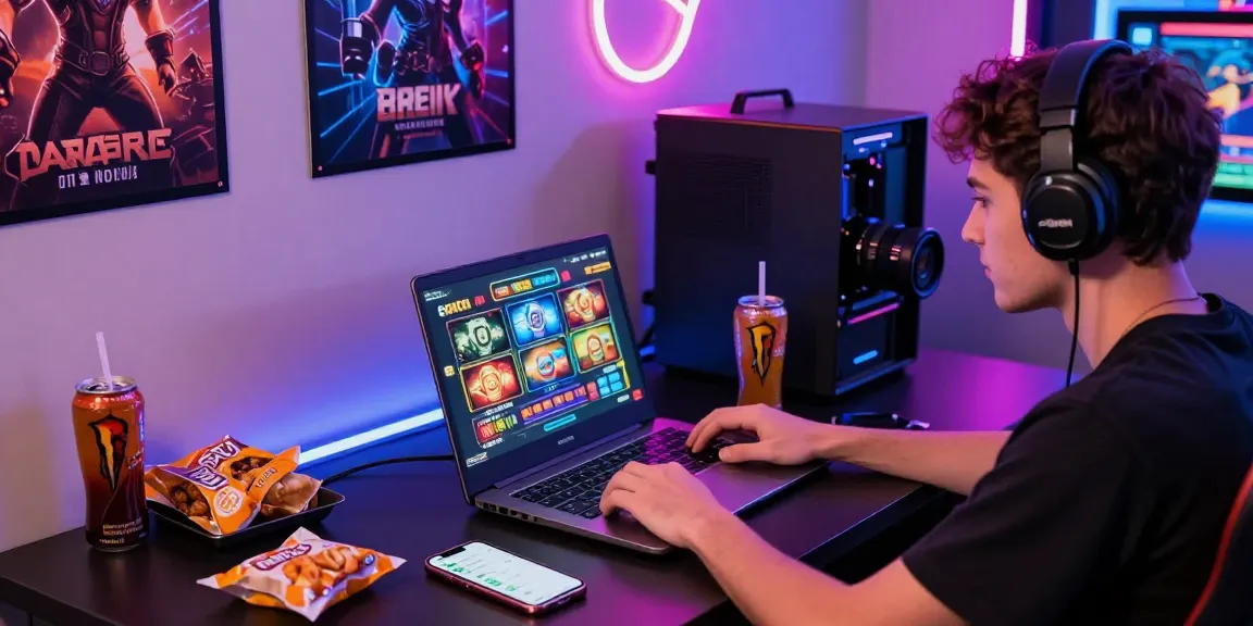 CICAKWIN player enjoying a thrilling online slot gaming experience in a vibrant workspace.