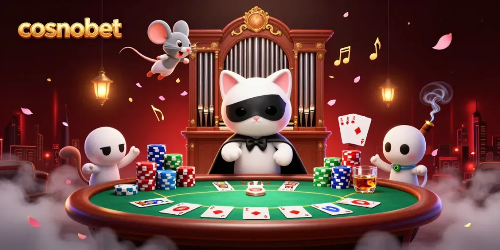 Engage with cosmobet's vibrant casino experience featuring a whimsical cat at the organ and poker action.