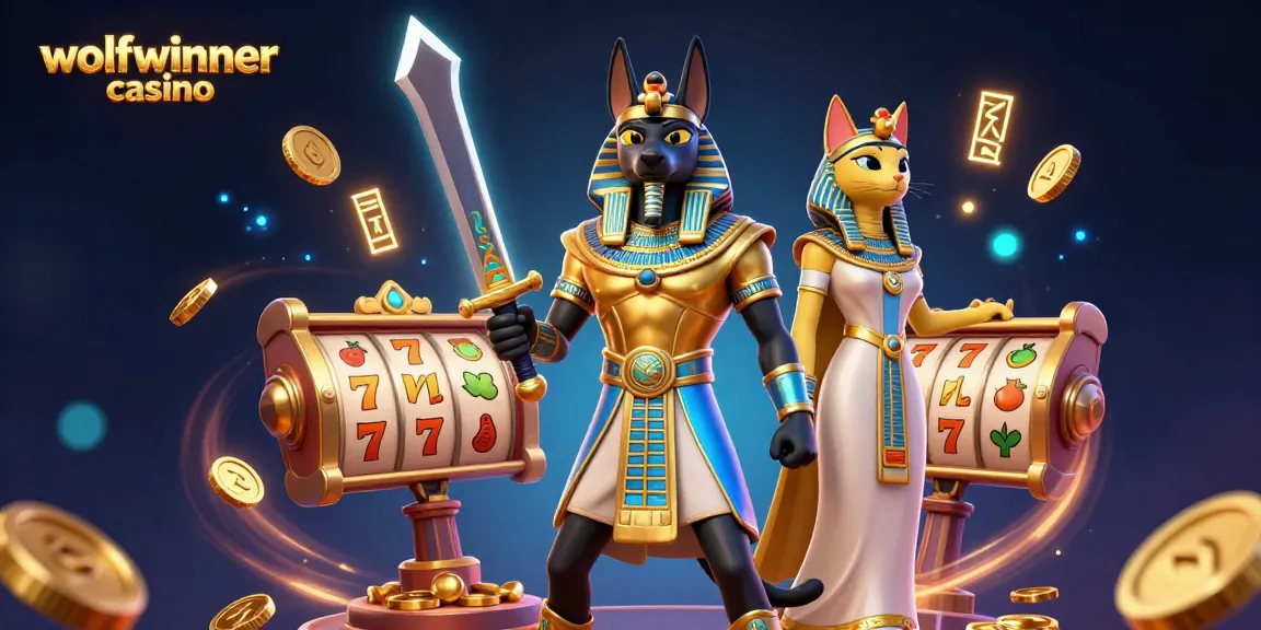 Experience thrilling excitement at wolfwinner casino with Anubis and Bastet as they unveil jackpots in this vibrant casino scene.