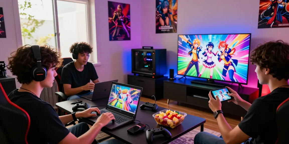 Group of friends enjoying ecchigames on multiple devices in a vibrant gaming room.
