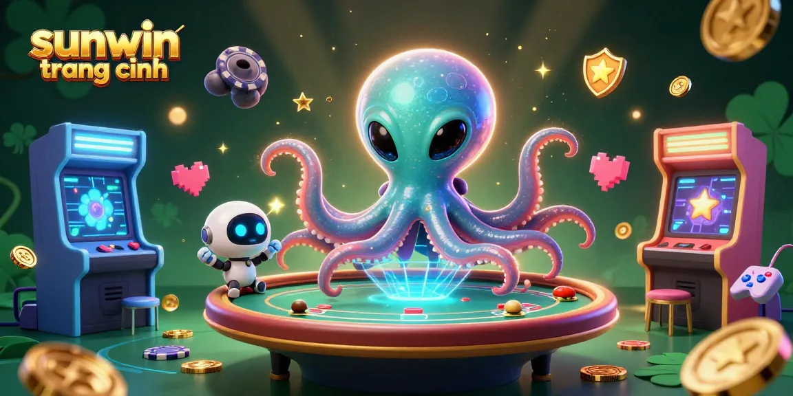 Engage with sunwin trang chính through a dynamic casino scene showcasing an alien octopus at a poker table surrounded by colorful game elements.