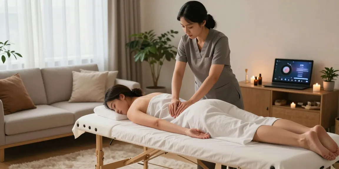Enjoying a tranquil 출장안마 experience at home with a skilled therapist amidst a serene environment.