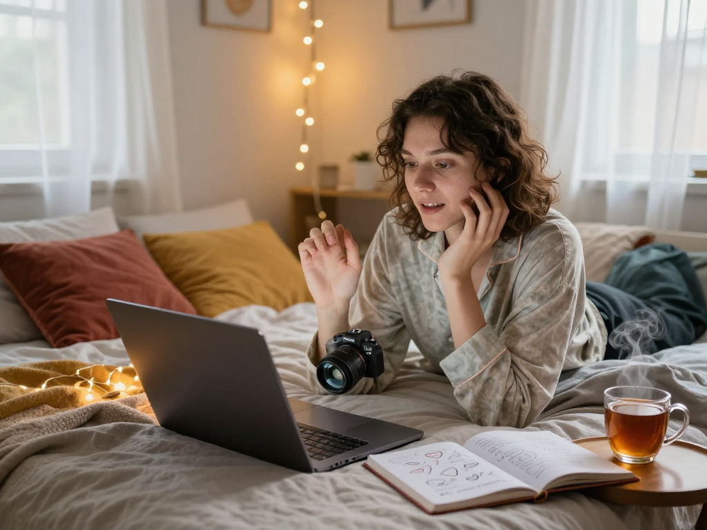 Engaging intimate scene of a person on a sexchat video call, cozy atmosphere with soft lighting and warm decor.