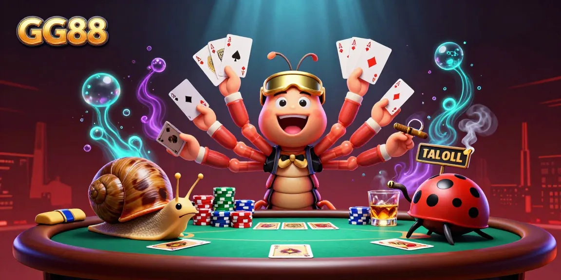 Experience excitement at GG88's vibrant casino scene with a cartoon millipede dealer and high-roller snail.