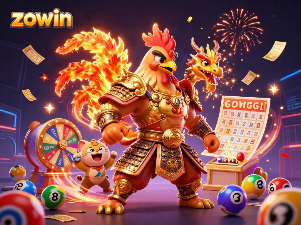 Experience the thrill of zowin with a dynamic casino scene featuring colorful lottery balls and vibrant characters.
