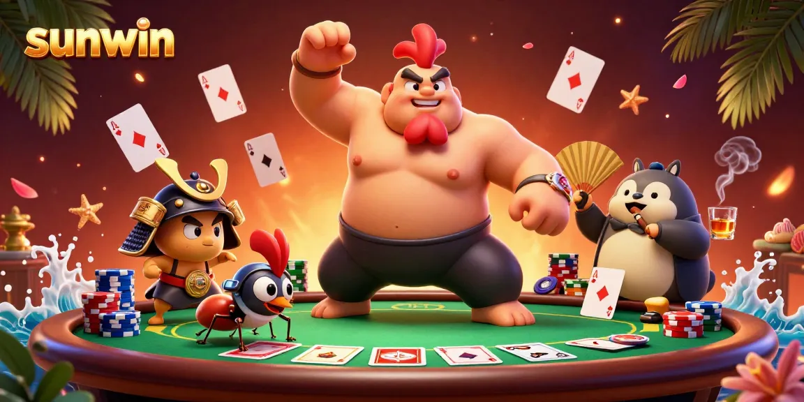 Witness sunwin's lively casino scene with a powerful sumo wrestler rooster and dynamic gaming elements.