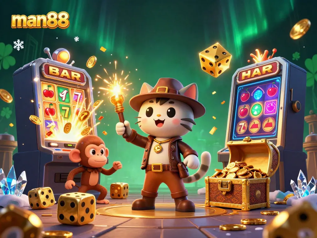 Experience thrills at man88 with a 3D explorer cat uncovering golden casino treasures amidst dancing coins and lights.
