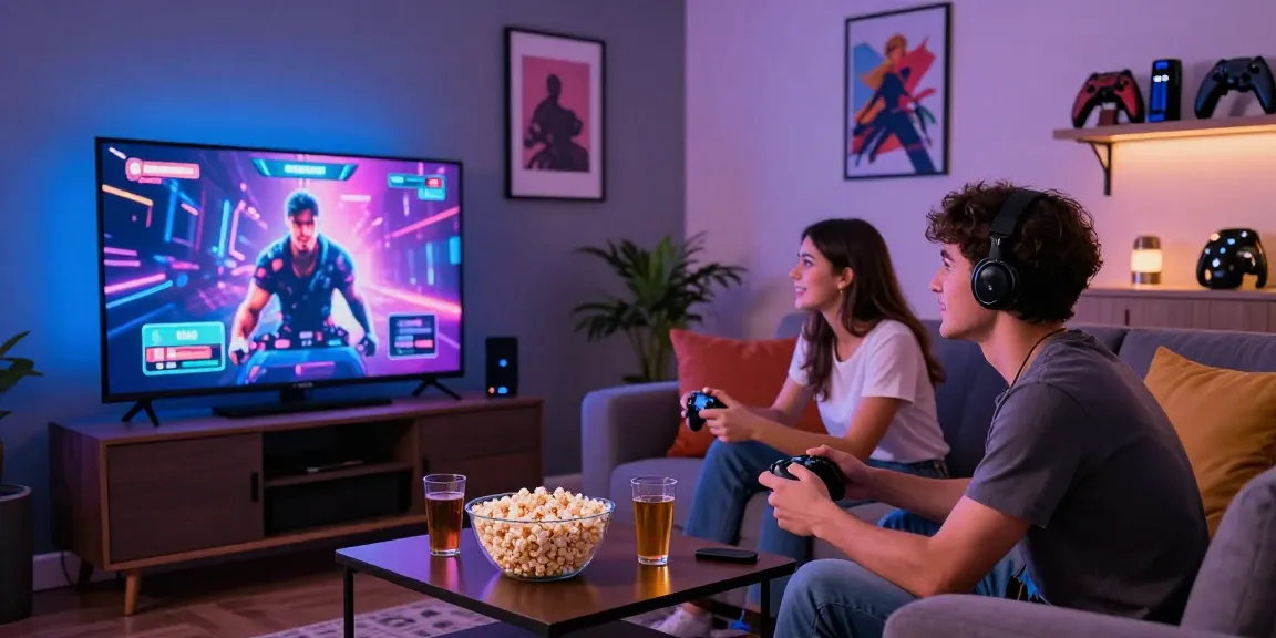 Explore exciting porn games online in a vibrant gaming living room with friends.