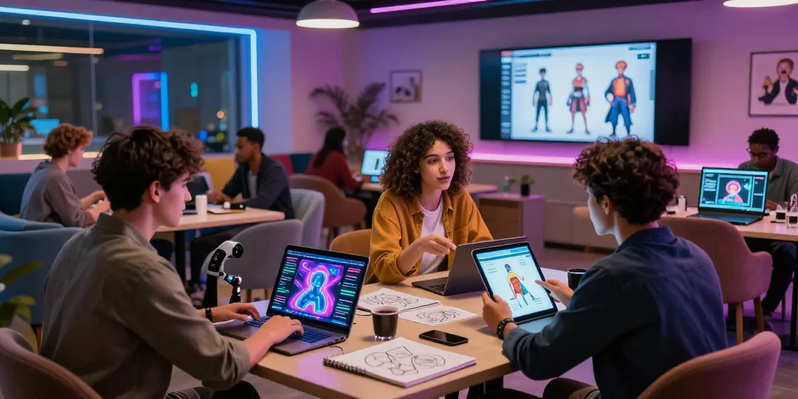Engaging AI 18+ interactions in a modern tech lounge with diverse young adults exploring creativity and technology.
