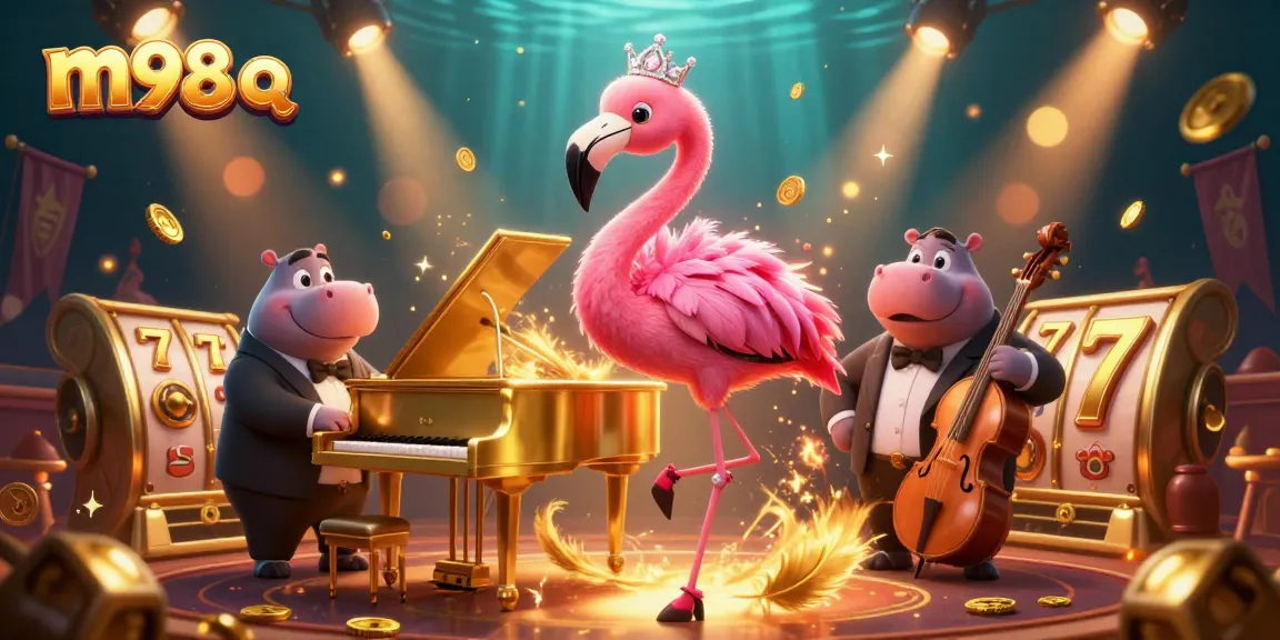Experience vibrant entertainment with m98 q at this lively casino scene featuring musicians and slot reels.