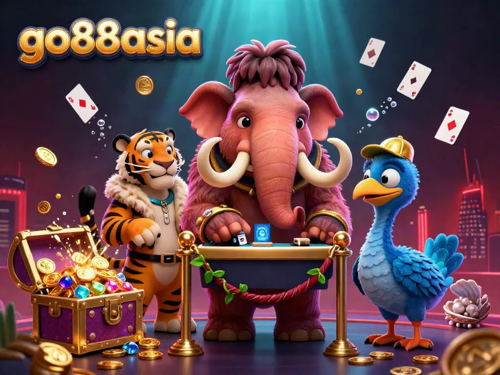 Experience thrilling gaming at go88asia with a vibrant scene featuring an engaging woolly mammoth bouncer, saber-tooth VIP, and dodo doorman.