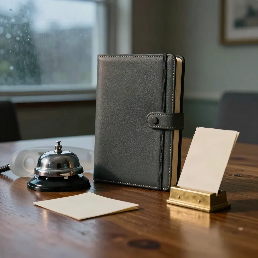 Charcoal strategy notebook, brass paperweight, glass handset and blank cards on oak in dawn mist.