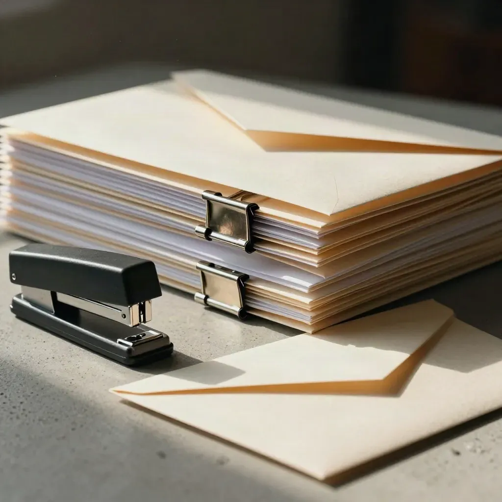 Binder clips, stapler, envelopes and dividers on pale concrete with soft directional light.