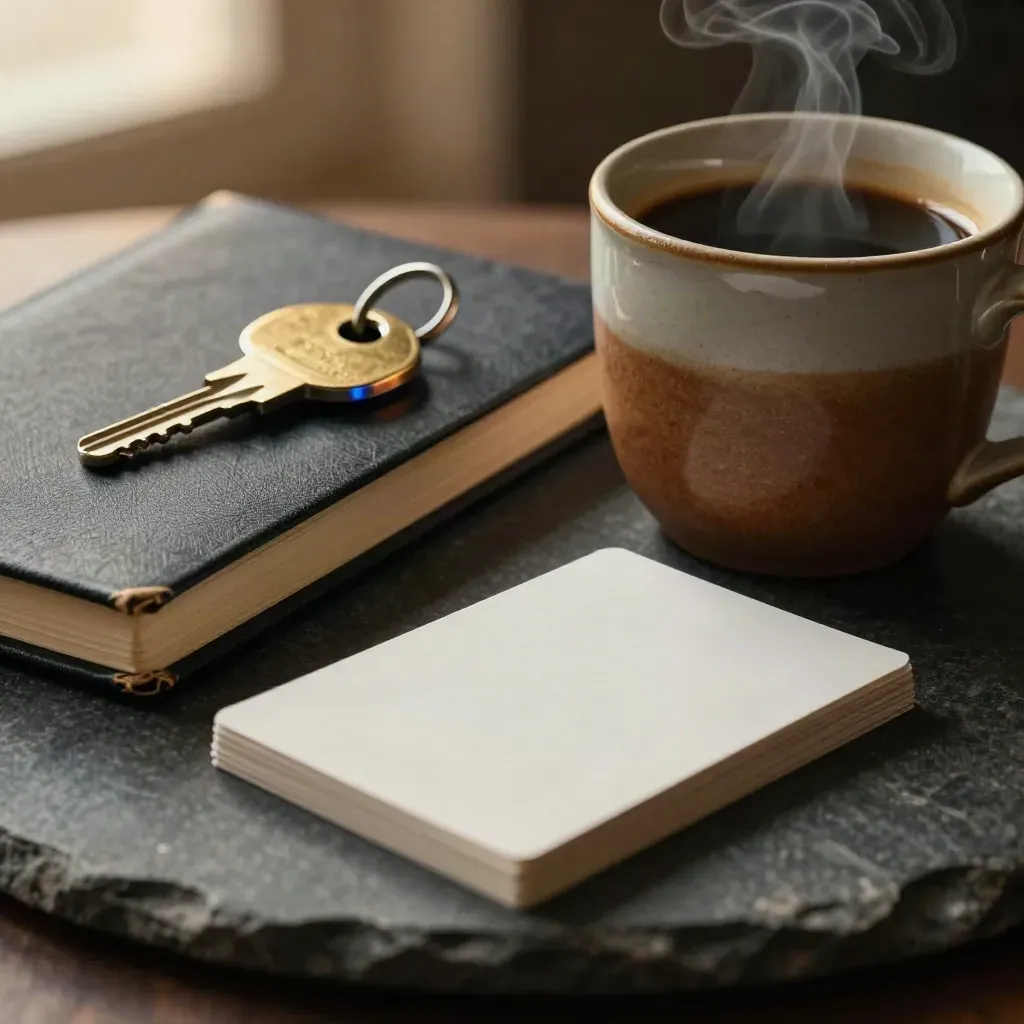 Macro still life of notebook, coffee mug, brass key fob and cards on dark stone.