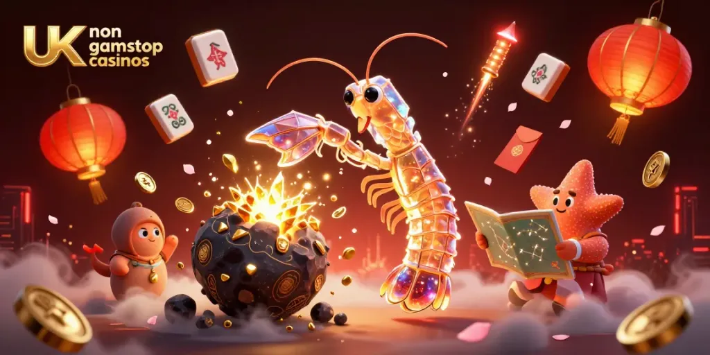 Engage with UK non gamstop casinos through dynamic 3D illustration featuring unique characters and elements of luck.