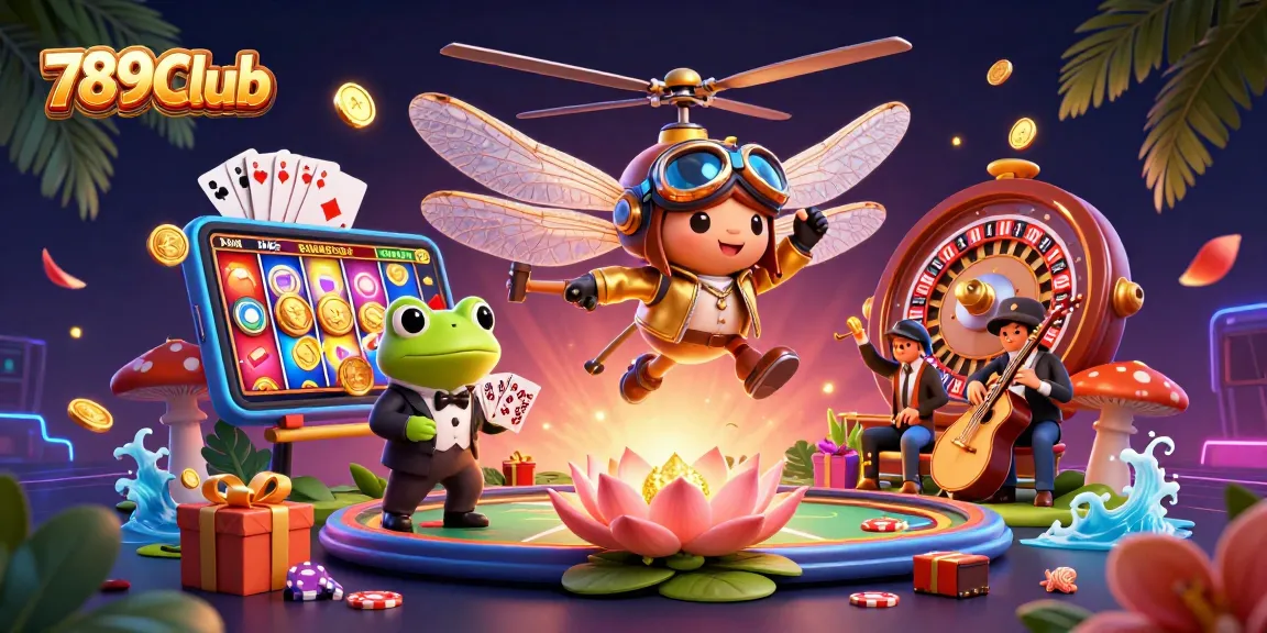 Engage with thrilling games at 789Club as a frog croupier deals cards in a vibrant casino scene.