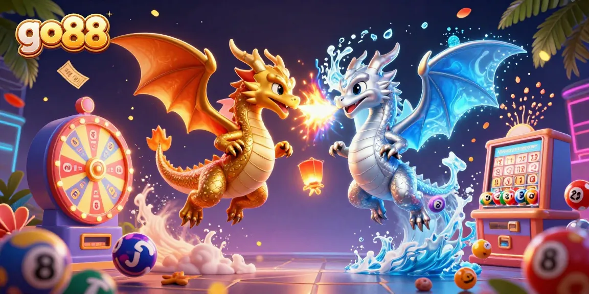 Engage with go 88 in this vibrant scene of playful dragons and dynamic lottery elements.