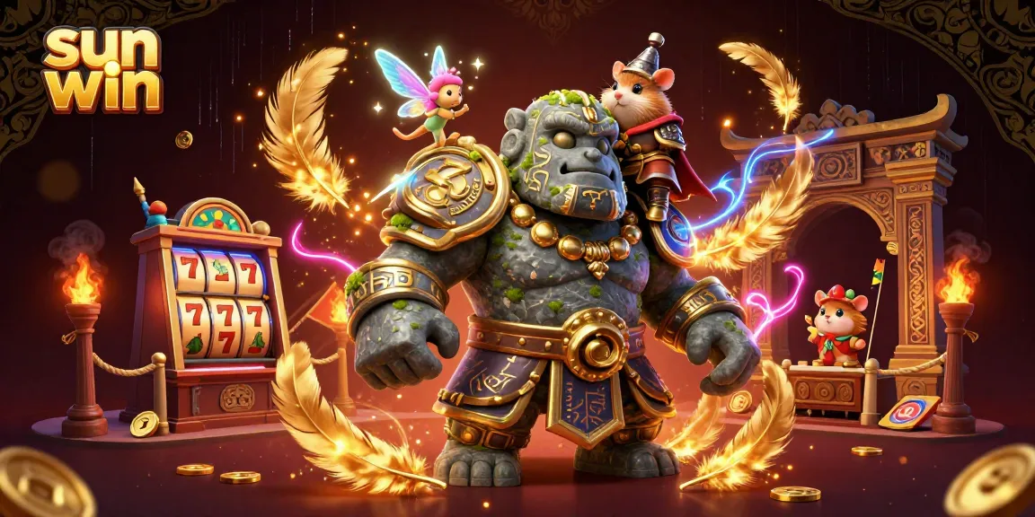 Engage in thrilling gameplay at sun win with vibrant 3D casino illustration featuring a stone golem guardian.