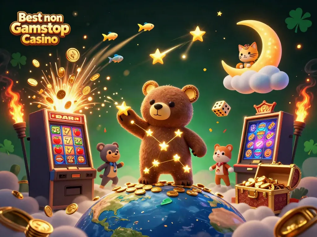 Engaging scene of the Best non Gamstop Casino featuring golden star bear and rich casino elements.