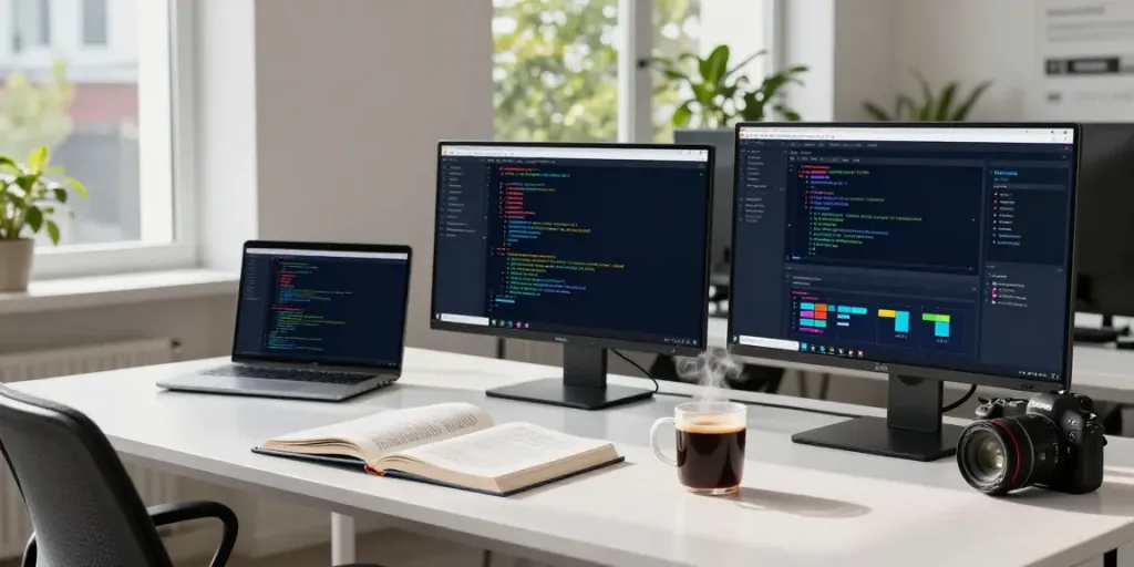 Developer workspace illustrating instant indexing solutions with vibrant coding and a coffee mug.