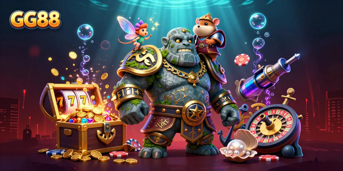 Experience the excitement of GG88 with dynamic characters and vibrant casino elements in a packed illustration.