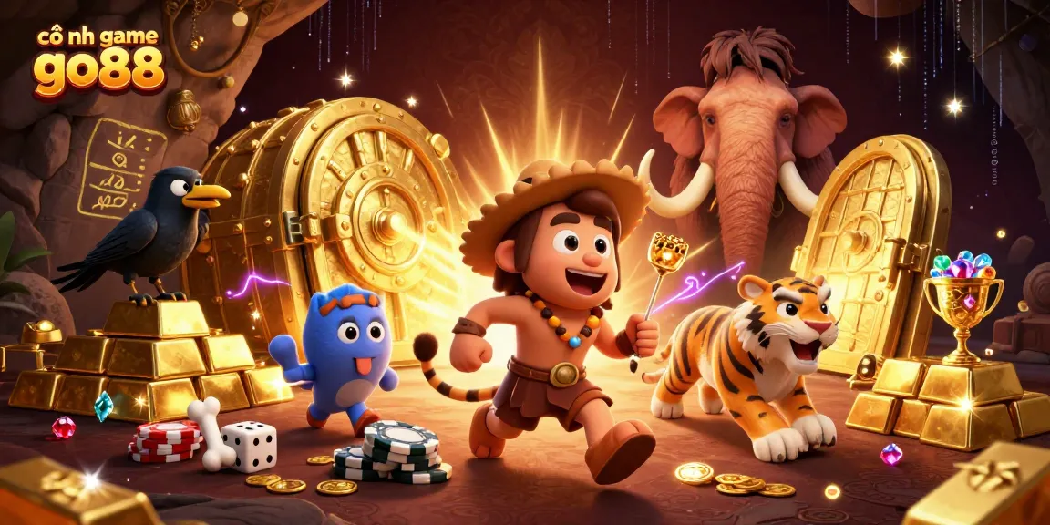 Engage with cổng game go88's exciting prehistoric casino with vibrant characters and dazzling treasures.