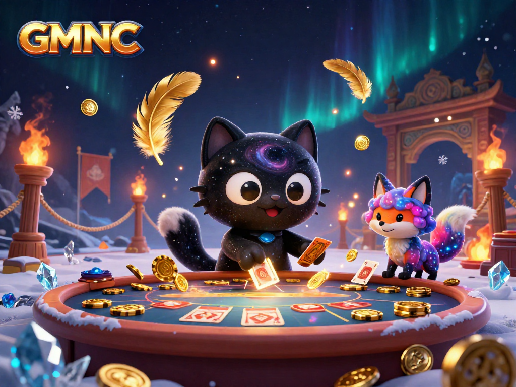 GMNC showcases a cosmic casino scene with a black hole cat and nebula fox, attracting golden chips.