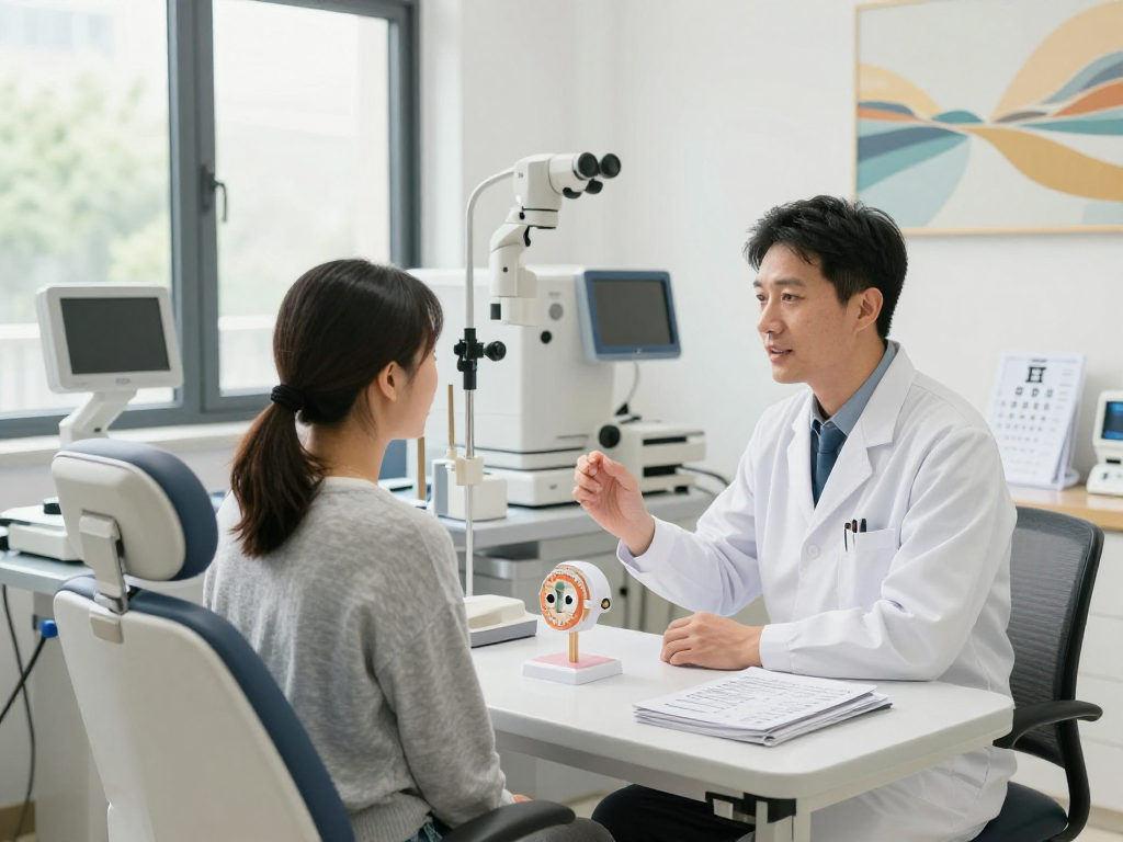 Consultation scene at an eye clinic focusing on dry eye and corneal disease treatment with patient and doctor.