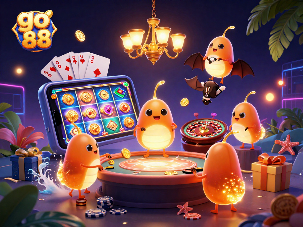 Engage with go 88 in a vibrant 3D casino scene, illuminated by glowworms and featuring dynamic game elements.