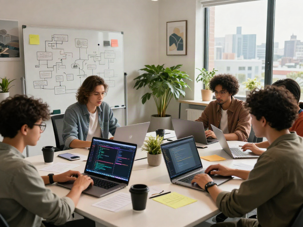 Team collaborating on spicy ai software development in a bright modern workspace.