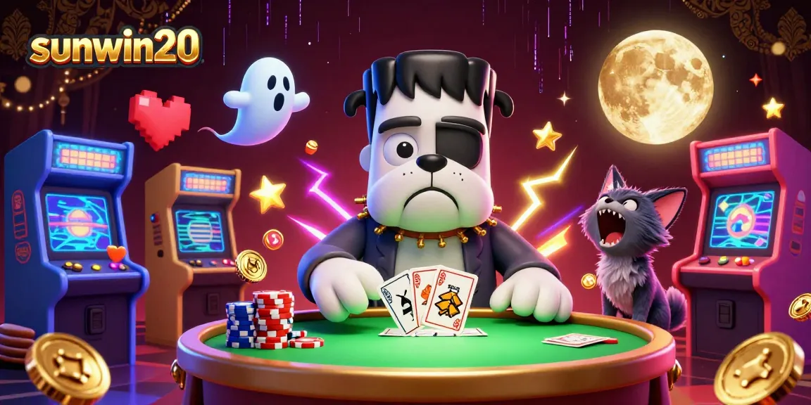 Play casino games at sunwin20 with a spooky-themed illustration featuring a bulldog dealer and spooky creatures.