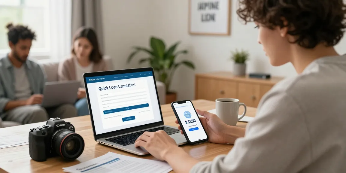 Engaging scene of diverse individuals applying for a quick $300 loan at home, showcasing a user-friendly application process and financial documents.