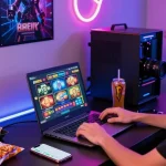 CICAKWIN player enjoying a thrilling online slot gaming experience in a vibrant workspace.