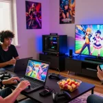 Group of friends enjoying ecchigames on multiple devices in a vibrant gaming room.