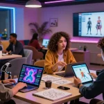 Engaging AI 18+ interactions in a modern tech lounge with diverse young adults exploring creativity and technology.