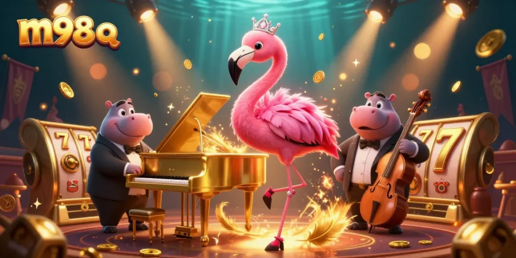 Experience vibrant entertainment with m98 q at this lively casino scene featuring musicians and slot reels.
