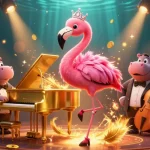 Experience vibrant entertainment with m98 q at this lively casino scene featuring musicians and slot reels.