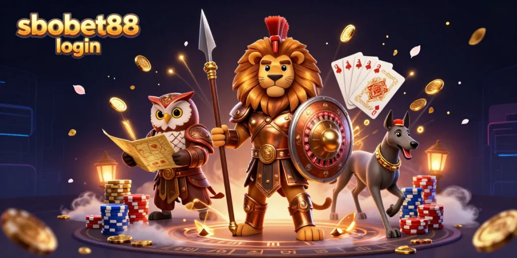 Engage with sbobet88 login while witnessing a dynamic scene of a Spartan lion, an owl strategist, and a greyhound messenger amidst vibrant casino elements.