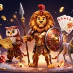 Engage with sbobet88 login while witnessing a dynamic scene of a Spartan lion, an owl strategist, and a greyhound messenger amidst vibrant casino elements.