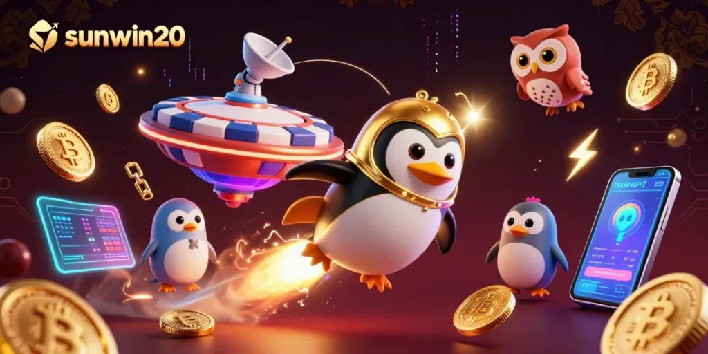 Experience sunwin20's vibrant gaming world filled with gold coins, crypto elements, and a playful penguin.