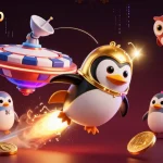 Experience sunwin20's vibrant gaming world filled with gold coins, crypto elements, and a playful penguin.