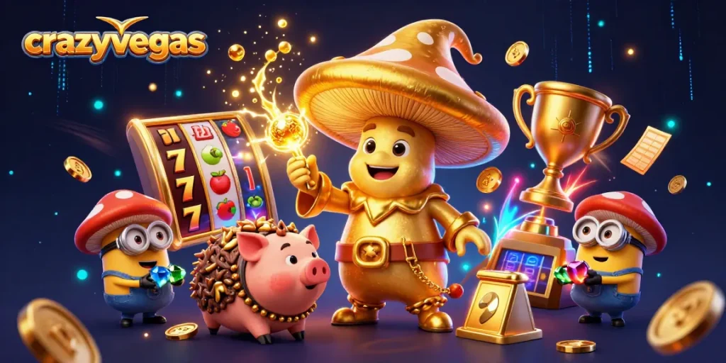Experience the magic of crazyvegas with a golden mushroom wizard turning slot reels into treasure.