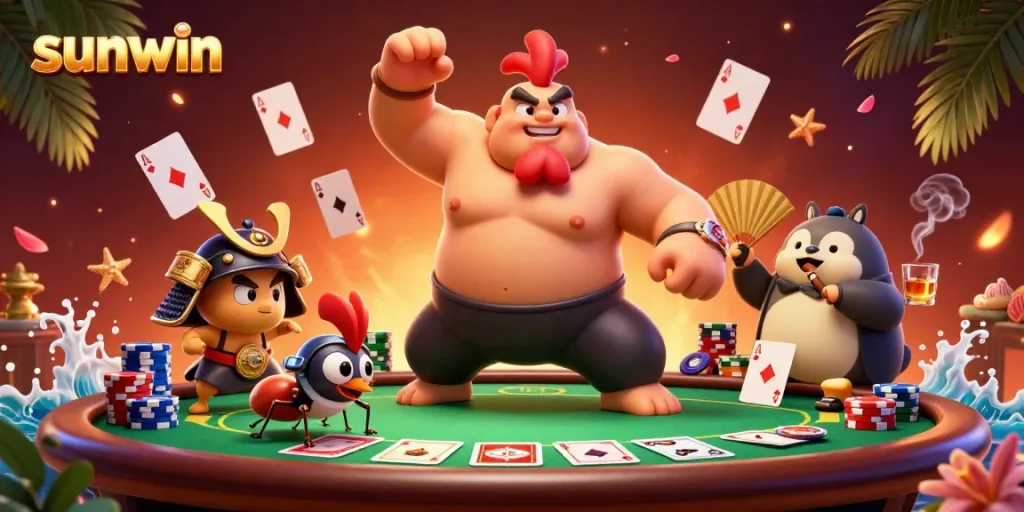 Witness sunwin's lively casino scene with a powerful sumo wrestler rooster and dynamic gaming elements.