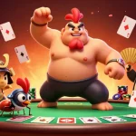 Witness sunwin's lively casino scene with a powerful sumo wrestler rooster and dynamic gaming elements.