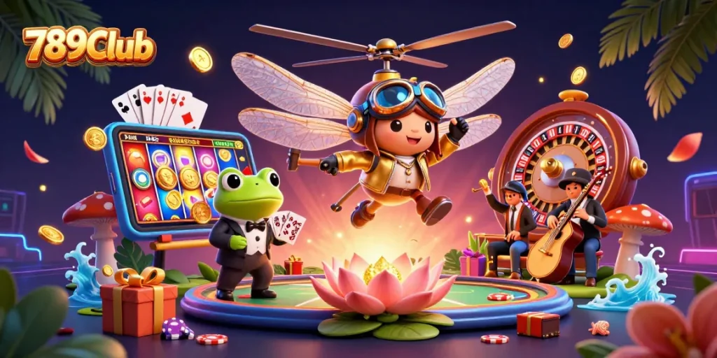 Engage with thrilling games at 789Club as a frog croupier deals cards in a vibrant casino scene.