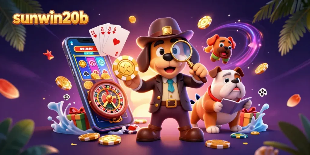 Spin and win with sunwin20b's dynamic 3D digital illustration showcasing a detective hunting for poker clues and treasures.